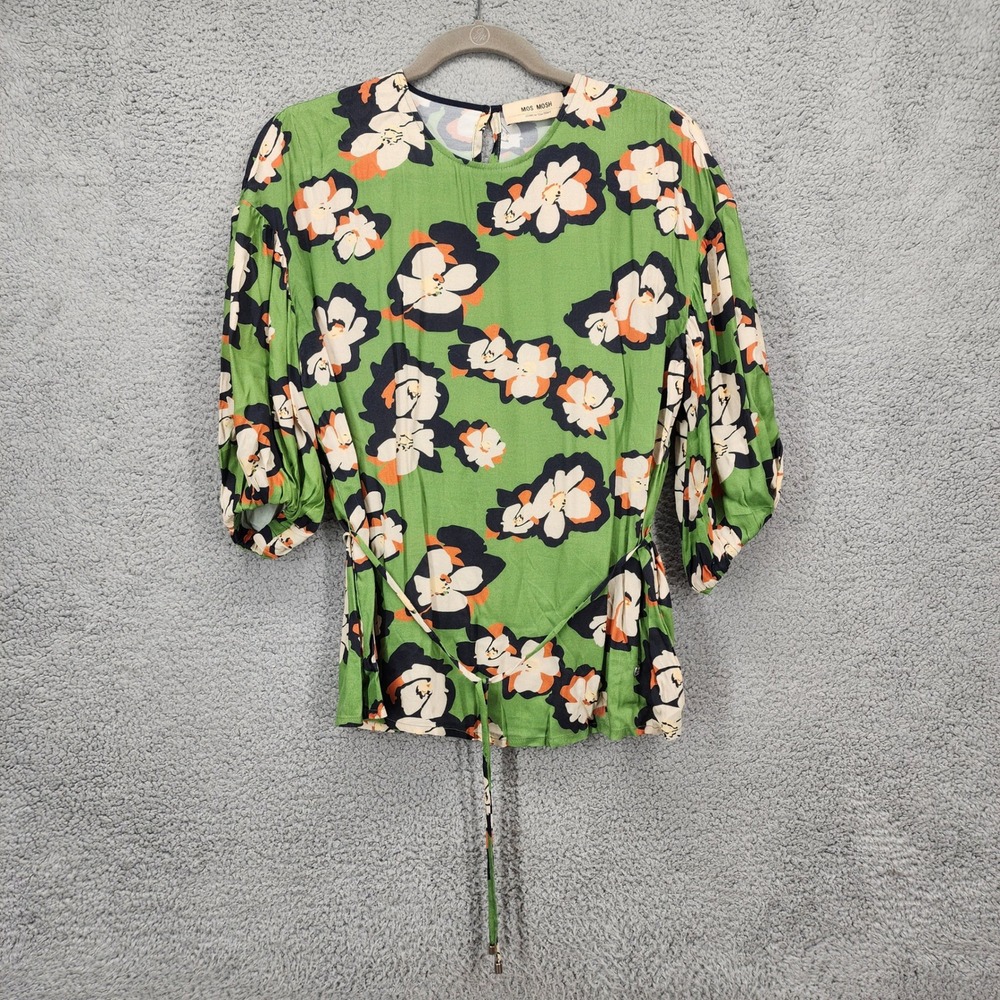 MOS MOSH Green Floral Print Blouse XS Belted Puff Sleeve‎ Tie Waist